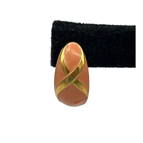 Vintage 1980s Gold Tone Coral Colored Enamel Pierced Earrings - Picture 2 of 8
